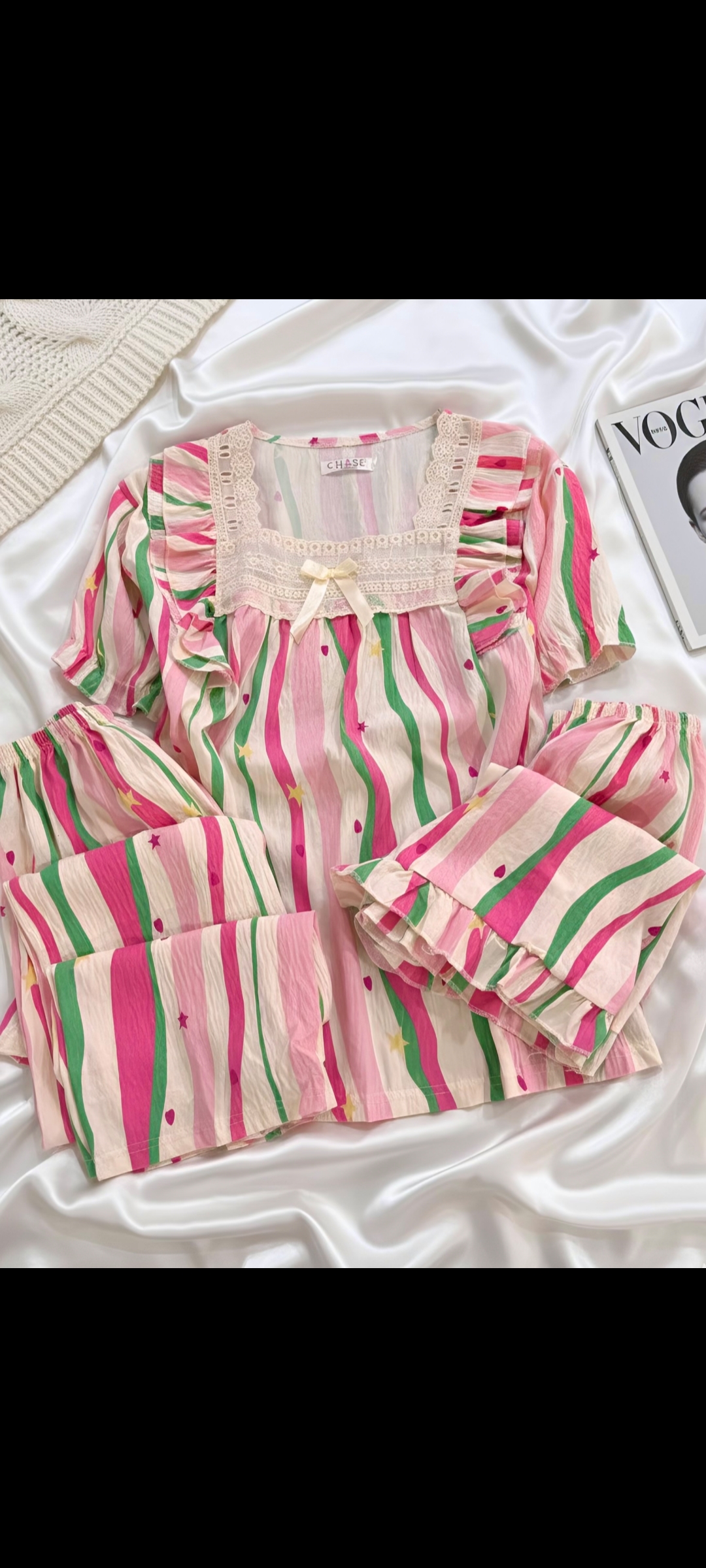 یقه گیپوری سبز راه راه